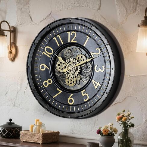 AYRELY® 24IN Decorative Moving Gear Large Wall Clock, Oversized Industrial Steampunk Gears, Big Numerals Wall Clock for Modern Living Room Decor (Carbon Black) in Kuwait