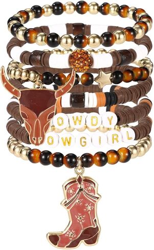 7pcs Cowgirl Bead Beaded Bracelets, Stackable Western Cowgirl Stack Bracelets with Bull Head and Boot Charm Practical Jewelry Accessories for Female in Saudi Arabia