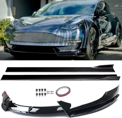 Front Bumper Lip Splitter Side Skirts Body Kit for 2017-2023 Tesla Model 3, Model 3 Front Spoiler, Model 3 Accessories Side Skirt (Gloss Black) in Saudi Arabia