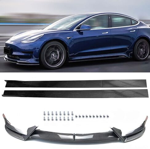 Front Bumper Lip Splitter Side Skirts Body Kit for 2017-2023 Tesla Model 3, Model 3 Front Spoiler, Model 3 Accessories Side Skirt (Gloss Black) in Saudi Arabia