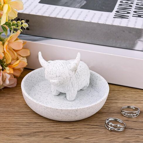 Highland Cow Ring Holder with Dish, Cute Jewelry Organizer Trinket Plate for Rings Earrings Necklaces Decorative Cow Jewellery Holder Tray for Engagement Wedding Vanity Dresser Women Decor in Saudi Arabia