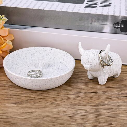 Highland Cow Ring Holder with Dish, Cute Jewelry Organizer Trinket Plate for Rings Earrings Necklaces Decorative Cow Jewellery Holder Tray for Engagement Wedding Vanity Dresser Women Decor in Saudi Arabia