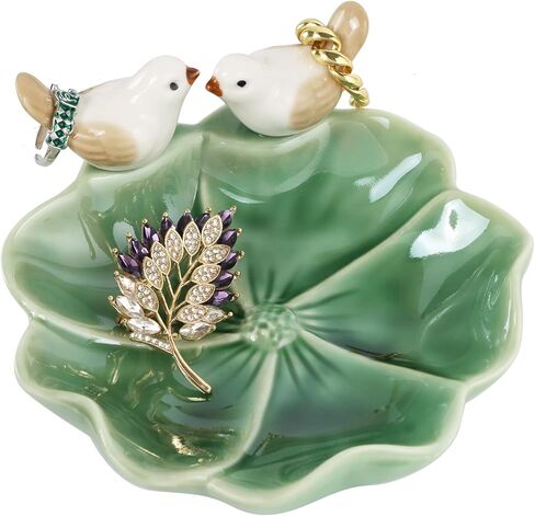 صينية مجوهرات من السيراميك طبق حلية مزخرف لطيف على شكل طائر ولوتس ورقة حامل حلقي طبق ديكور غرفة جمالية (أزرق) in Kuwait