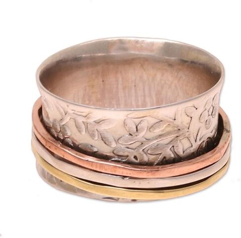 NOVICA Artisan Handmade .925 Sterling Silver Spinner Ring Floral from India Copper Brass Band Meditation 'Floral Rush' in Saudi Arabia