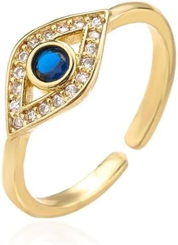 Turkish Evil Eye Ring for Women, 18K Gold Plated Adjustable Open Ring, Blue Sapphire Cubic Zirconia Eye Signet Jewelry, Greek Nazar Amulet Protection Ring, Lucky Gift in Saudi Arabia