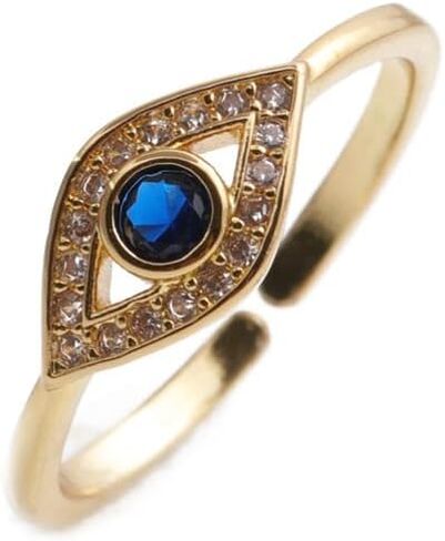 Turkish Evil Eye Ring for Women, 18K Gold Plated Adjustable Open Ring, Blue Sapphire Cubic Zirconia Eye Signet Jewelry, Greek Nazar Amulet Protection Ring, Lucky Gift in Saudi Arabia