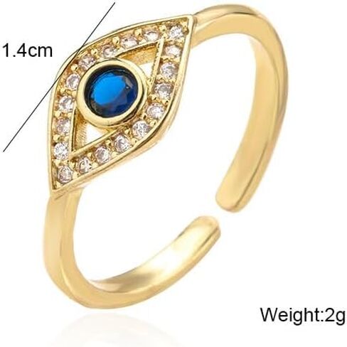 Turkish Evil Eye Ring for Women, 18K Gold Plated Adjustable Open Ring, Blue Sapphire Cubic Zirconia Eye Signet Jewelry, Greek Nazar Amulet Protection Ring, Lucky Gift in Saudi Arabia