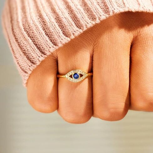 Turkish Evil Eye Ring for Women, 18K Gold Plated Adjustable Open Ring, Blue Sapphire Cubic Zirconia Eye Signet Jewelry, Greek Nazar Amulet Protection Ring, Lucky Gift in Saudi Arabia