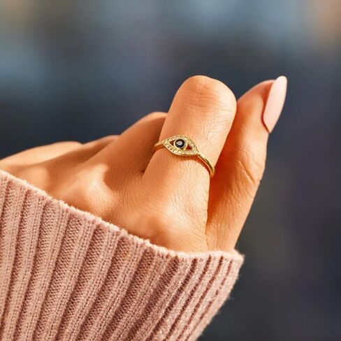 Turkish Evil Eye Ring for Women, 18K Gold Plated Adjustable Open Ring, Blue Sapphire Cubic Zirconia Eye Signet Jewelry, Greek Nazar Amulet Protection Ring, Lucky Gift in Saudi Arabia