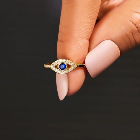 Turkish Evil Eye Ring for Women, 18K Gold Plated Adjustable Open Ring, Blue Sapphire Cubic Zirconia Eye Signet Jewelry, Greek Nazar Amulet Protection Ring, Lucky Gift in Saudi Arabia