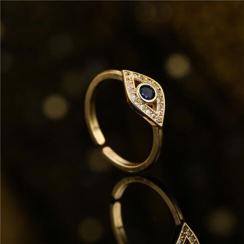 Turkish Evil Eye Ring for Women, 18K Gold Plated Adjustable Open Ring, Blue Sapphire Cubic Zirconia Eye Signet Jewelry, Greek Nazar Amulet Protection Ring, Lucky Gift in Saudi Arabia