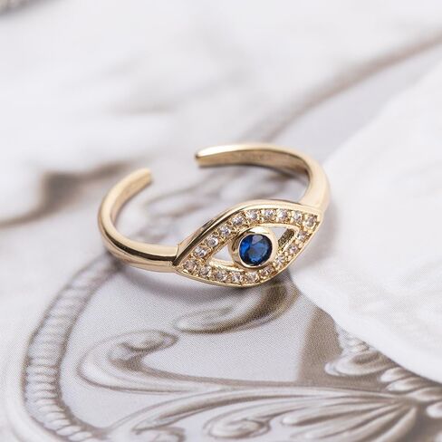 Turkish Evil Eye Ring for Women, 18K Gold Plated Adjustable Open Ring, Blue Sapphire Cubic Zirconia Eye Signet Jewelry, Greek Nazar Amulet Protection Ring, Lucky Gift in Saudi Arabia