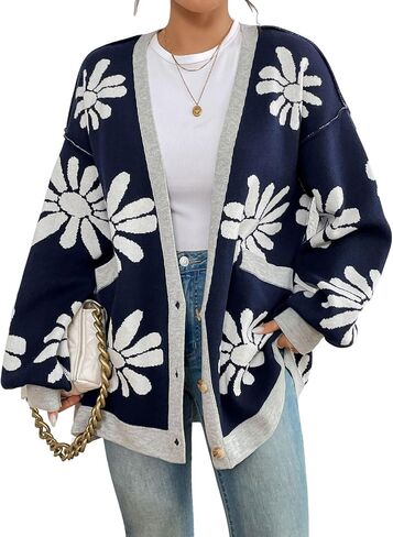 chouyatou Women's Y2K Daisy Floral Printed Oversized Cardigans Button Down Knitted Cardigan Sweaters with Pockets in Saudi Arabia