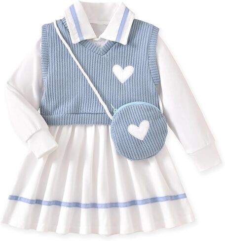 Toddler Girl Long Sleeve Button Down Collared Shirt Dress Sleeveless Vest Sweatshirt with Cute Bag 3 Pieces Outfits in Saudi Arabia