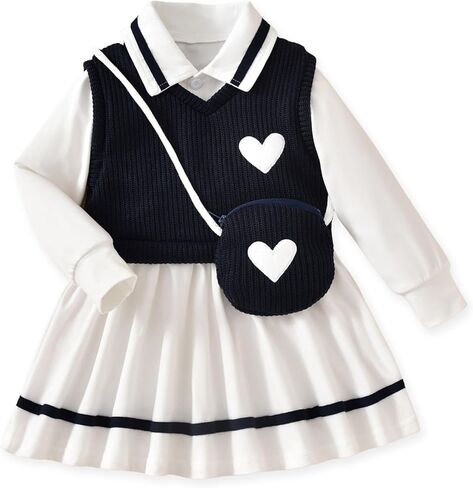 Toddler Girl Long Sleeve Button Down Collared Shirt Dress Sleeveless Vest Sweatshirt with Cute Bag 3 Pieces Outfits in Saudi Arabia
