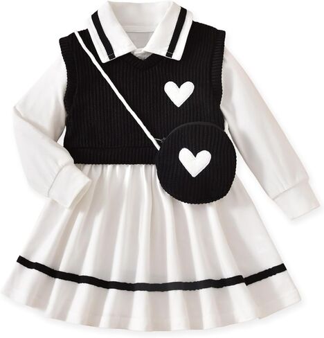 Toddler Girl Long Sleeve Button Down Collared Shirt Dress Sleeveless Vest Sweatshirt with Cute Bag 3 Pieces Outfits in Saudi Arabia