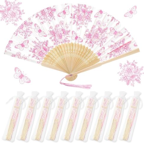 JarThenaAMCS 25 Sets Pink Floral Hand Folding Fans with Bags Chinoiserie Flower Butterfly Foldable Paper Fans with Tassel for Wedding Bridesmaid Bridal Shower Party Decor Favors in Saudi Arabia