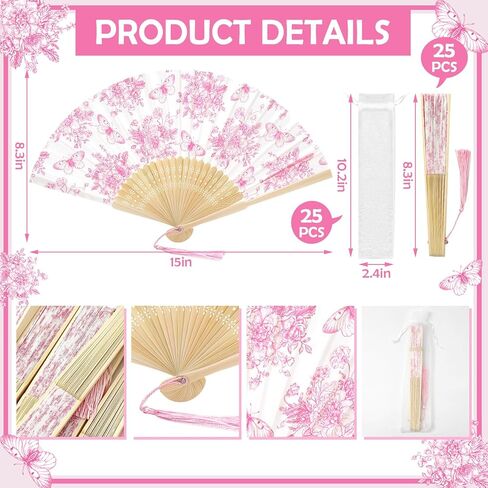 JarThenaAMCS 25 Sets Pink Floral Hand Folding Fans with Bags Chinoiserie Flower Butterfly Foldable Paper Fans with Tassel for Wedding Bridesmaid Bridal Shower Party Decor Favors in Saudi Arabia