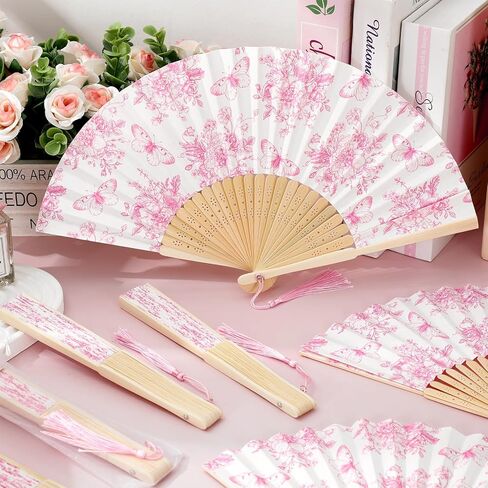 JarThenaAMCS 25 Sets Pink Floral Hand Folding Fans with Bags Chinoiserie Flower Butterfly Foldable Paper Fans with Tassel for Wedding Bridesmaid Bridal Shower Party Decor Favors in Saudi Arabia