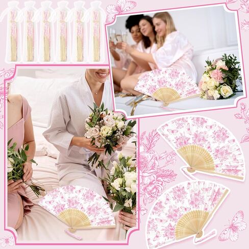 JarThenaAMCS 25 Sets Pink Floral Hand Folding Fans with Bags Chinoiserie Flower Butterfly Foldable Paper Fans with Tassel for Wedding Bridesmaid Bridal Shower Party Decor Favors in Saudi Arabia