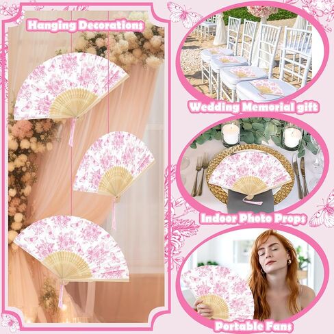 JarThenaAMCS 25 Sets Pink Floral Hand Folding Fans with Bags Chinoiserie Flower Butterfly Foldable Paper Fans with Tassel for Wedding Bridesmaid Bridal Shower Party Decor Favors in Saudi Arabia