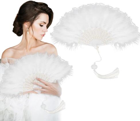 Handheld Folding Fan Feather Lace Chinese Vintage Style Hand Held Folding Fans Photograph Party Wedding Dancing Decoration (White) in Saudi Arabia