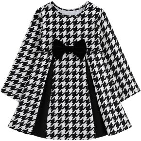 Girls Houndstooth Dress Long Sleeve Vintage Plaid Swing A-Line Dresses with Bow Spring Easter Outfits Clothes in Saudi Arabia