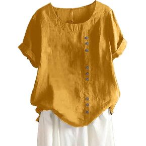 Linen Tops for Women Summer Vintage Solid Color Short Sleeve Cotton Shirts Casual Oversized Round Neck Boho Blouse in Kuwait