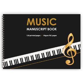 كتاب مخطوطة موسيقية مقاس A4 (8.3 × 11.7 بوصة)، 12 عصا في كل صفحة. 120 صفحة، ورق FSC بوزن 90 جرامًا للمتر المربع. غلاف ويرو (A4 (أفقي)) in Kuwait