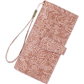 Women's Wallet RFID Blocking Vegan Leather Trifold with 3 ID Windows Embossed Floral Long Wristlet Clutch Purse in Kuwait