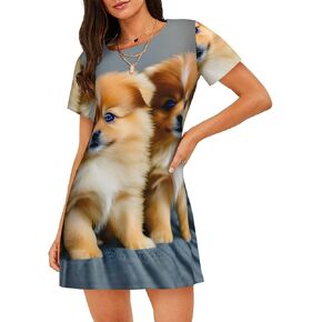 Pomeranians Puppies and Point Print Women's Cotton Nightgown Sleepwear Short Sleeves Casual Nightdress Comfy Pajama in Saudi Arabia