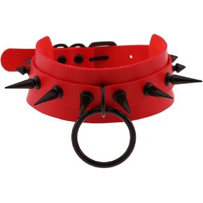 Red Spike Collar for Womens, Gothic Punk Choker, Soft Faux Leather Necklace with Ring, Adjustable Length 11-15 Inches in Kuwait