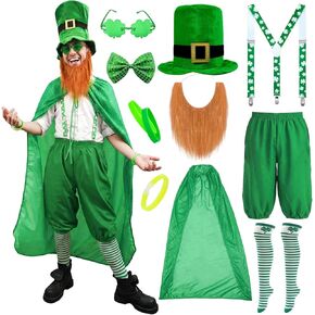 طقم أزياء رجالي من 11 قطعة لعيد القديس باتريك، زي Leprechaun للبالغين من إكسسوارات شامروك الأيرلندية مع قبعة ولحية in Kuwait