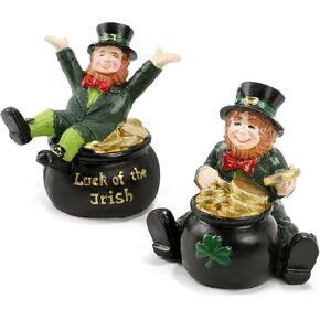 زينة عيد القديس باتريك، تماثيل الجني، مجموعة من 2 تمثال راتنج مع وعاء من الذهب على سطح الطاولة ديكور المنزل لاكي الأيرلندي يوم القديس باتريك رف صينية متدرج ديكور مكتب ديكورات العطلات in Kuwait