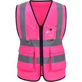 سترة سلامة العمل PACIFIC PPE للنساء، سترة بناء عالية الوضوح مع شرائط عاكسة، تلبي معايير ANSI/ISEA، وردي، كبير in Kuwait