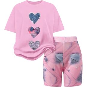 مقاس 9 10 سنوات ملابس الفتيات 2 قطعة قصيرة الأكمام تي شيرت ومجموعة قصيرة أزياء الأطفال الفتيات الصيف عطلة وتتسابق مجموعة الوردي (9-10Y) in Kuwait