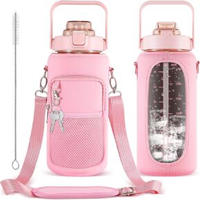 64OZ Half Gallon Water Bottle with Sleeve, Inspirational Water Bottle with Straw & Time Marker to Drink, Leakproof Tritan BPA Free Sport Water Jug Reusable Neoprene for Daily Workout Gym Sport in Kuwait