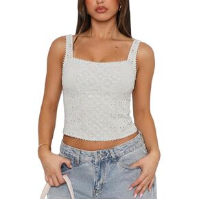 Women's Sexy Square Neck Eyelet Back Cutout Sleeveless Y2K Going Out Double Lined Cropped Tank Tops in Saudi Arabia