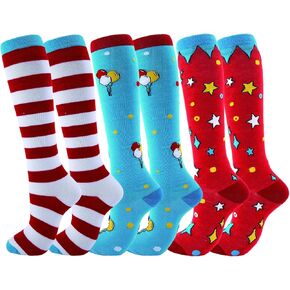 3 أزواج من جورب فيلم مضحك باللونين الأحمر والأبيض مخطط جوارب طويلة إلى الركب، شخصيات الكتاب المجنون، إكسسوارات أزياء القطط للحفلات in Kuwait