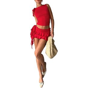 مجموعة تنورة Mni مكونة من قطعتين للنساء، مجموعة تنورة قصيرة بأربطة من الخلف وربطة عنق عالية الخصر in Kuwait