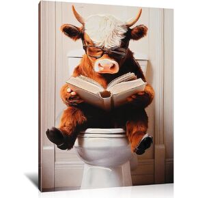 Poemwish Highland Cow Wall Art, Whimsical Highland Cow Decor Reading Book, Quirky Canvas Wall Art in Brown Tones, Humorous Animal Bathroom Scene in Saudi Arabia