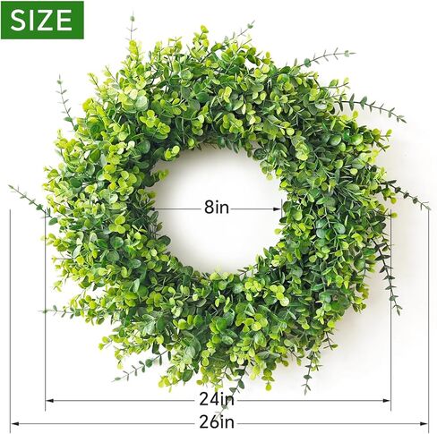 26" Large Green Artificial Eucalyptus Wreath, Natural Frosted Greenery, UV & Weatherproof Indoor Outdoor Front Door Wreath, All Season Farmhouse Home Decor for Wedding Holiday in Saudi Arabia