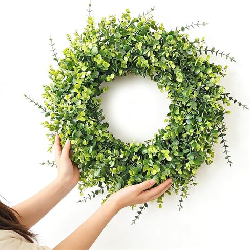 26" Large Green Artificial Eucalyptus Wreath, Natural Frosted Greenery, UV & Weatherproof Indoor Outdoor Front Door Wreath, All Season Farmhouse Home Decor for Wedding Holiday in Saudi Arabia