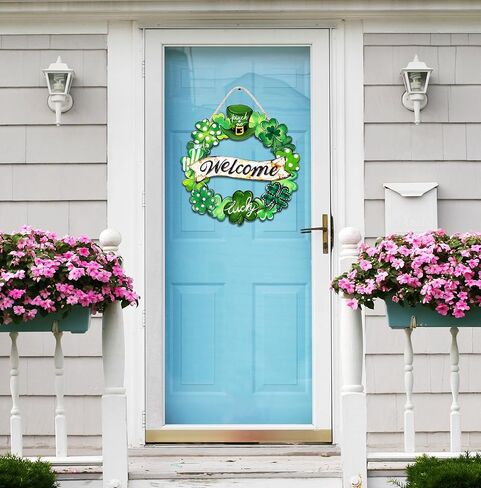 ديكورات عيد القديس باتريك إكليل شامروك خشبي لعلامة الترحيب بالباب الأمامي، ديكور مزرعة سانت باتريك، لافتة معلقة للباب في الهواء الطلق داخلي، شامروك البرسيم الربيع، ديكور جدار المنزل in Kuwait