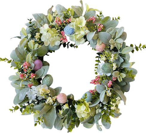 Easter Wreaths for Front Door, 20 inch Easter Door Wreath Decorations with Eggs Lambs Ear Leaves, Artificial Spring Wreath with Hydrangeas Flowers for Home Wall Window Farmhouse Decor in Saudi Arabia