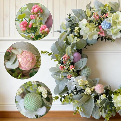 Easter Wreaths for Front Door, 20 inch Easter Door Wreath Decorations with Eggs Lambs Ear Leaves, Artificial Spring Wreath with Hydrangeas Flowers for Home Wall Window Farmhouse Decor in Saudi Arabia