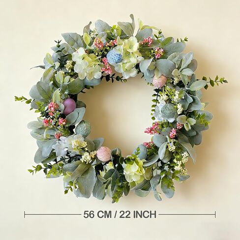 Easter Wreaths for Front Door, 20 inch Easter Door Wreath Decorations with Eggs Lambs Ear Leaves, Artificial Spring Wreath with Hydrangeas Flowers for Home Wall Window Farmhouse Decor in Saudi Arabia