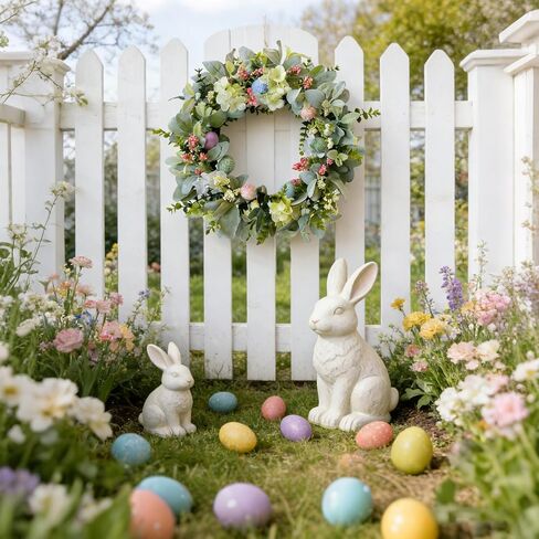 Easter Wreaths for Front Door, 20 inch Easter Door Wreath Decorations with Eggs Lambs Ear Leaves, Artificial Spring Wreath with Hydrangeas Flowers for Home Wall Window Farmhouse Decor in Saudi Arabia