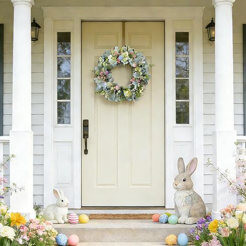 Easter Wreaths for Front Door, 20 inch Easter Door Wreath Decorations with Eggs Lambs Ear Leaves, Artificial Spring Wreath with Hydrangeas Flowers for Home Wall Window Farmhouse Decor in Saudi Arabia
