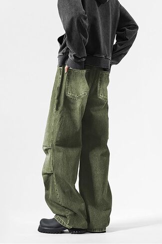 Men's Stack Baggy Wide Leg Jeans Elastic Waist Casual Streetwear Denim Pants with Pockets in Saudi Arabia